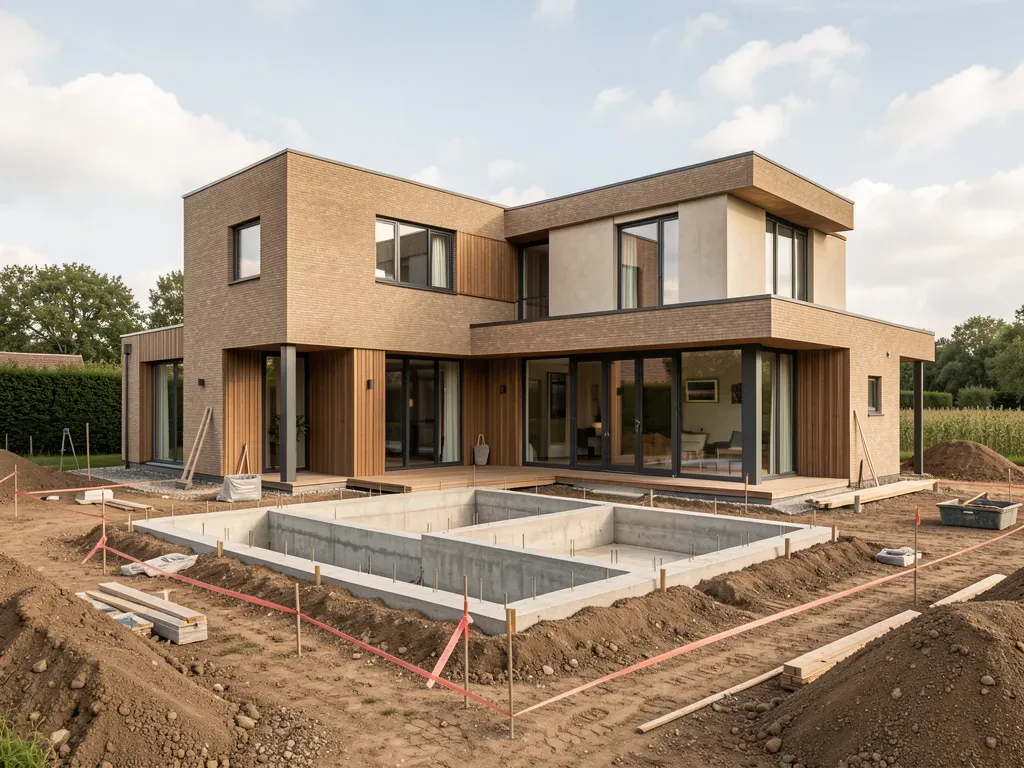 Start van de bouw van een woning, fundering en uitzetting op de bouwplaats