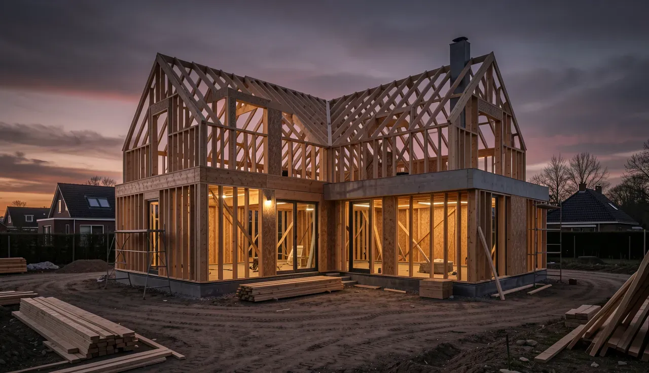 Donker sfeerbeeld van een bouwproces in uitvoering, ruwbouw bij avond