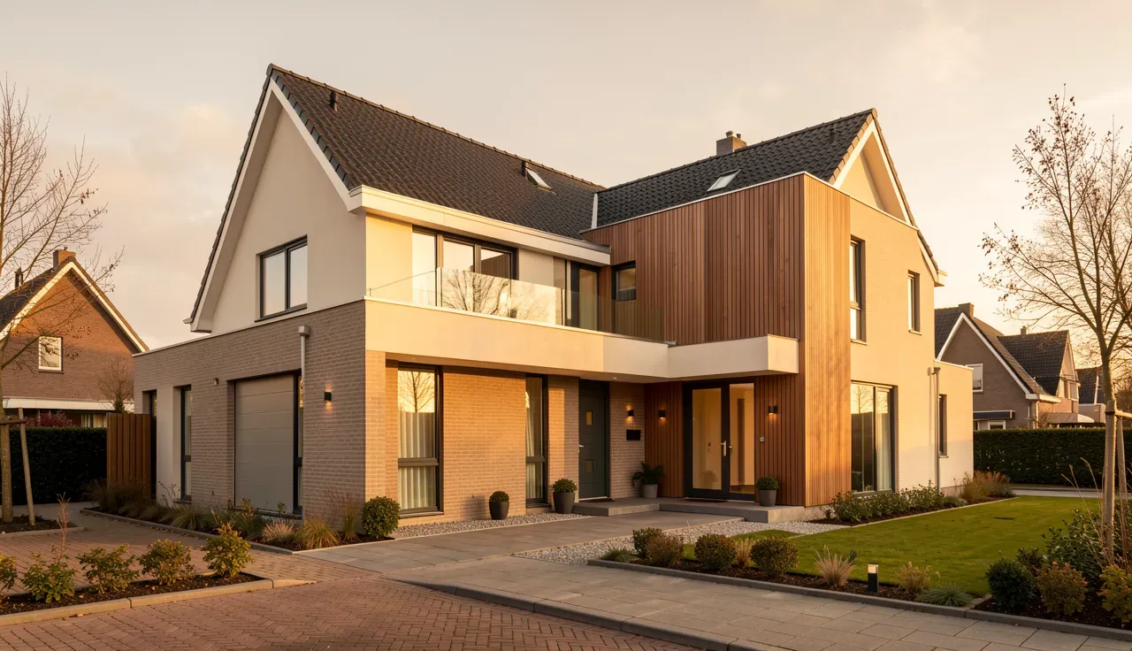 Opgeleverde nieuwbouwwoning in Delft bij gouden licht, eigentijds ontwerp
