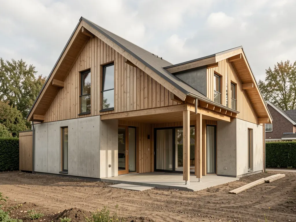 Ruwbouwfase van een nieuwbouwwoning met casco en draagconstructie